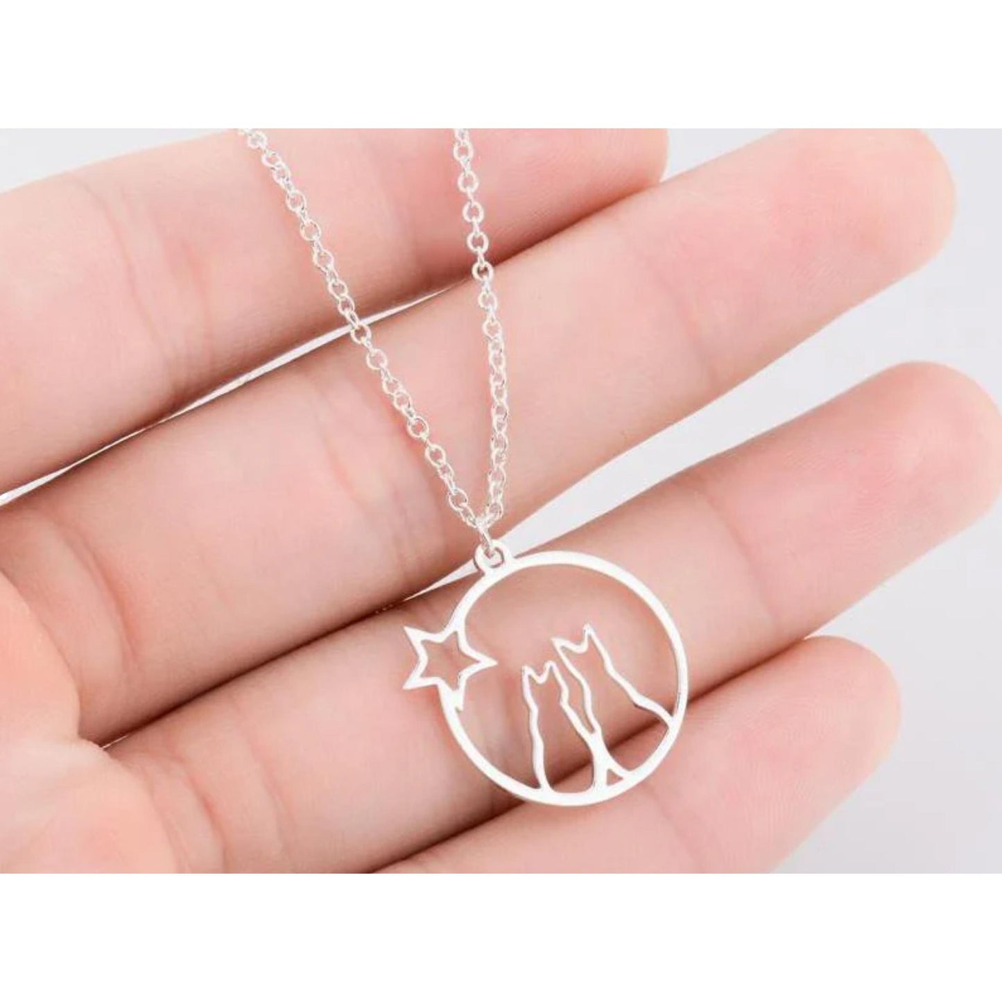 Stainless Steel Cat Star Pendant Necklace with Chain