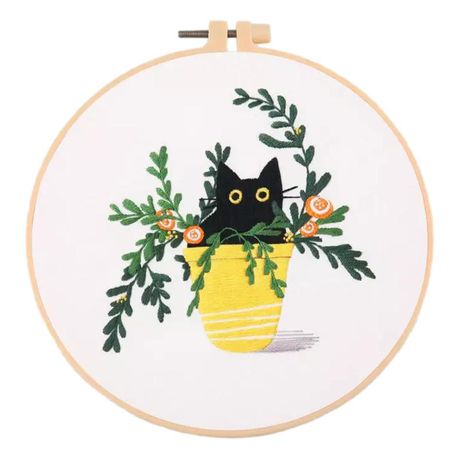Black Cat in Yellow Planter Embroidery Kit