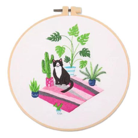 Black & White Cat on Pink Mat Embroidery Kit