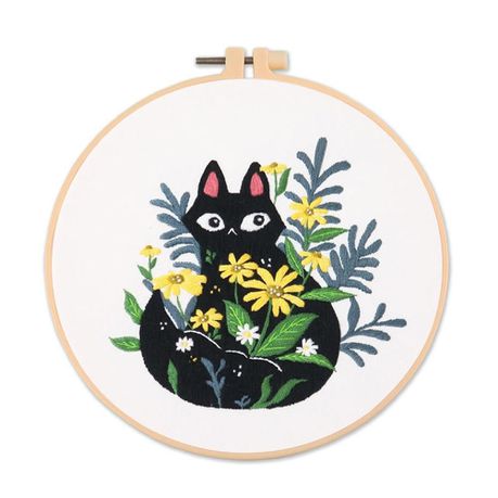 Black Cat Amongst the Flowers Embroidery Kit