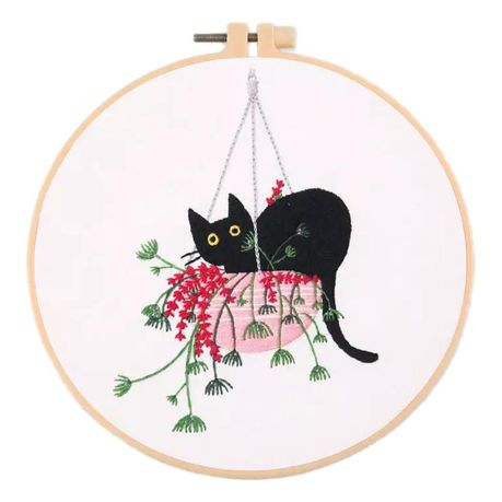 Black Cat in Pink Planter Embroidery Kit